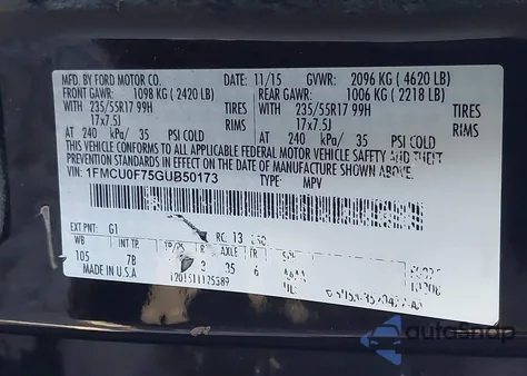 2016 Ford Escape S from USA, damaged, VIN 1FMCU0F75GUB50173